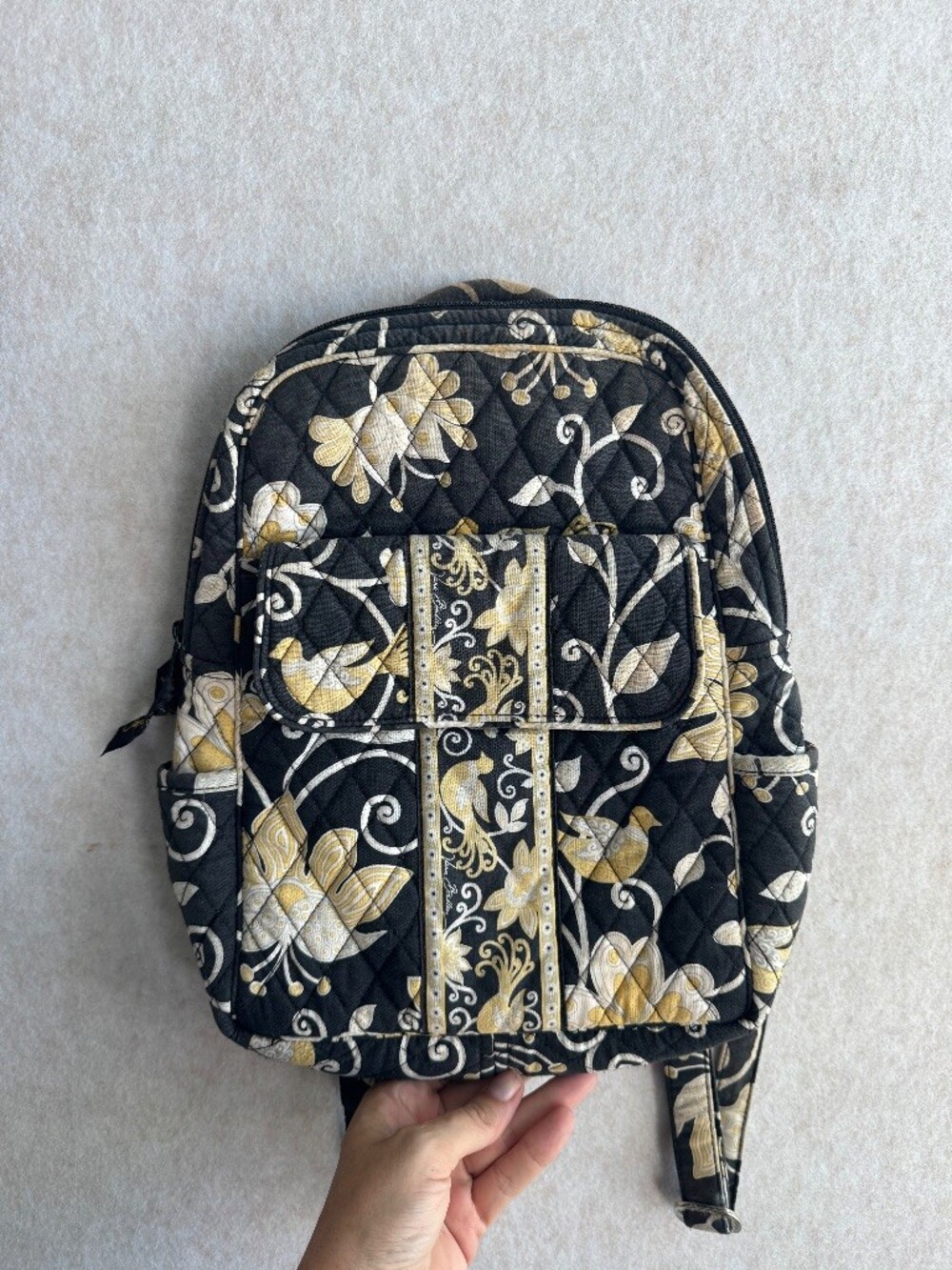 Vera Bradley Yellow Bird Backpack Black Gold Floral Quilted Retired Pattern